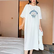 【MsMore】 韓國ins長款過膝短袖T恤時尚開叉字母印花連身裙圓領洋裝# 122162 M 白色