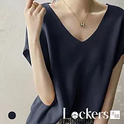 【Lockers 木櫃】夏季顯瘦桑蠶絲V領針織T恤 L113052701 M 藏青色