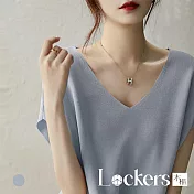 【Lockers 木櫃】夏季顯瘦桑蠶絲V領針織T恤 L113052701 M 灰藍色