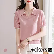 【Lockers 木櫃】夏裝翻領冰絲針織POLO短袖T恤 L113052702 L 粉紅色
