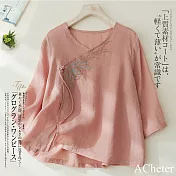 【ACheter】 中國風V領刺繡流蘇淑女五分袖純色短版上衣# 122206 M 粉紅色