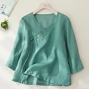 【ACheter】 中國風V領刺繡流蘇淑女五分袖純色短版上衣# 122206 M 綠色