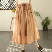 【ACheter】 文藝復古中長款雙層半身裙鬆緊腰系帶百褶A字長裙# 122211 M 卡其色