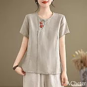 【ACheter】 中式國風圓領盤扣刺繡寬鬆棉麻上衣短款短袖# 122213 M 灰色