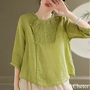 【ACheter】 原創国風復古棉麻感斜襟刺繡中式純色寬鬆圓領短袖上衣# 122216 M 綠色