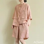 【ACheter】 寬鬆大碼立領襯衫闊腿高腰五分短褲兩件式套休閒文藝亞麻感套裝# 122218 M 粉紅色
