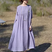 【ACheter】 雙層天絲麻感短袖圓領連身裙溫柔風長款寬鬆紫色仙女洋裝# 122224 XL 紫色
