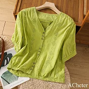 【ACheter】 緹花棉麻感繡花襯衫V領寬鬆氣質百搭短袖短款上衣# 122247 M 綠色