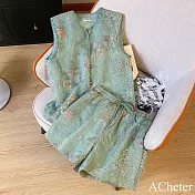 【ACheter】 中式套裝絲質歐根紗拼接重工鏽花背心外套短款無袖上衣+鬆緊高腰短褲2件式套裝# 122249 M 綠色