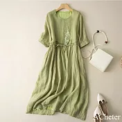 【ACheter】 文藝棉麻感刺繡圓領簡約純色輕薄顯瘦長洋裝# 122259 M 綠色