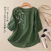 【ACheter】 刺繡棉麻感圓領上衣文藝復古寬鬆顯瘦短袖短版上衣# 122263 XL 綠色