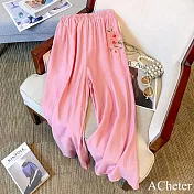 【ACheter】 中國風闊腿復古文藝休閒寬鬆顯瘦鬆緊腰頭刺繡涼涼九分長褲# 122264 M 粉紅色