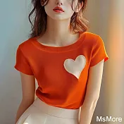 【MsMore】 橘色冰絲針織短袖巴胺穿搭愛心別致絕美圓領短版上衣# 122374 FREE 橘色