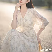 【MsMore】 V領仙氣高質感蝴蝶印花中袖收腰設計款長版洋裝# 122032 L 白色