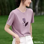 【MsMore】 休閒短袖T恤圓領印花刺繡灰紫時尚百搭寬鬆顯瘦短版上衣# 122057 M 紫色