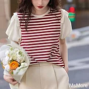 【MsMore】 時尚條紋拼接圓領短袖T燈籠短袖棉質寬鬆顯瘦短版上衣# 122062 3XL 紅色