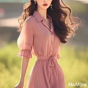 【MsMore】 茶歇法式短袖森系文藝超仙氣粉色雪紡襯衫連身裙長版洋裝# 122172 L 粉紅色