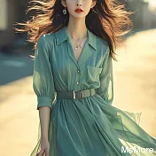 【MsMore】 今年流行漂亮薄荷曼波風穿搭氣質短袖綠色襯衫絲質雪紡連身裙長洋裝# 122173 L 綠色