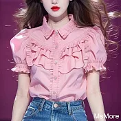 【MsMore】 今年流行的漂亮小衫獨特別致絕美短版上衣粉色短袖襯衫# 122178 L 粉紅色