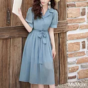 【MsMore】 茶系穿搭精緻超好看藍色短袖雪紡襯衫連身裙長洋裝# 122194 M 天空藍色