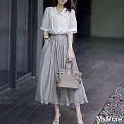 【MsMore】 輕奢炸街氣質職業白色短袖襯衫半身長紗裙兩件式套裝# 122197 M 灰色