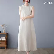 【AMIEE】日系無袖棉麻連身裙洋裝(KDDY-7080) 2XL 麻色