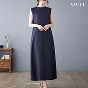【AMIEE】日系無袖棉麻連身裙洋裝(KDDY-7080) 2XL 藏青