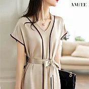 【AMIEE】氣質緞面連身裙洋裝(KDDY-0632) M 卡其