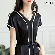 【AMIEE】氣質緞面連身裙洋裝(KDDY-0632) M 黑色