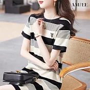 【AMIEE】撞色條紋連身裙洋裝(KDDY-9962) M 黑色