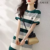 【AMIEE】撞色條紋連身裙洋裝(KDDY-9962) M 墨綠