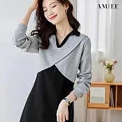 【AMIEE】雙色拼接連身裙洋裝(KDDY-0264) L 黑灰色