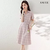 【AMIEE】氣質修身格紋連身裙洋裝(KDDY-8542) L 粉紅色