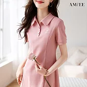 【AMIEE】氣質POLO領連身裙洋裝(KDDY-2336) M 粉紅色