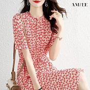 【AMIEE】碎花顯瘦連身裙洋裝(KDDY-7231) M 紅色