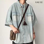 【AMIEE】日系工裝風百搭牛仔襯衫(男裝/KDTY-A041) 2XL 淺藍