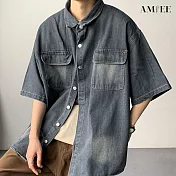 【AMIEE】日系工裝風百搭牛仔襯衫(男裝/KDTY-A041) 2XL 黑灰