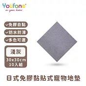 【YOUFONE】日式免膠黏貼式地墊/無黏膠地墊/隨撕隨黏地墊/可水洗-30*30cm-10入/包 -淺灰