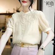 【初色】珍珠刺繡氣質立領輕薄透氣短袖襯衫上衣-米白色-69438(M-2XL可選) 2XL 米白色