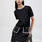 【MsMore】 小香風連身裙簡約休閒H型圓領短袖中長洋裝# 122334 L 黑色
