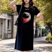 【MsMore】 刺繡國風新中式冰絲連身裙短袖長版直筒顯瘦洋裝# 122347 L 黑色