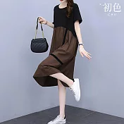 【初色】拼接圓領五分短袖A字裙連衣裙連身洋裝-共2色-34413(M-3XL可選) M 咖啡色