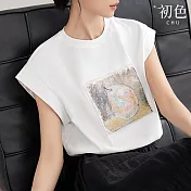 【初色】簡約藝術印花修身寬鬆涼感無袖圓領T恤上衣女上衣-共2色-33611(M-2XL可選) XL 白色