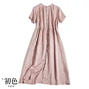 【初色】棉麻風單排扣木耳圓領短袖中長裙連身裙洋裝-共3色-68530(M-2XL可選) M 粉紅色
