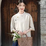【初色】新中式棉麻風素色寬鬆遮肉立領盤釦五分袖T恤襯衫上衣女上衣-共2色-33681(M-2XL可選) 2XL 麻色