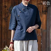 【初色】新中式棉麻風素色寬鬆遮肉立領盤釦五分袖T恤襯衫上衣女上衣-共2色-33681(M-2XL可選) L 藏青色