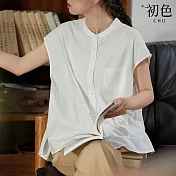 【初色】文藝風寬鬆休閒純色圓領無袖單排扣襯衫上衣女上衣-共2色-33683(M-2XL可選) L 白色