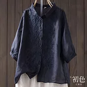 【初色】翻領刺繡寬鬆五分袖短袖襯衫上衣-共3色-68451(M-2XL可選) L 藏青色