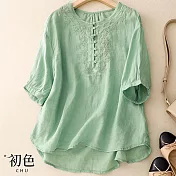 【初色】文青復古風棉麻中式刺繡寬鬆舒適圓領五分短袖襯衫上衣女上衣-共4色-33697(M-2XL可選) XL 綠色