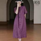 【初色】純色棉麻風圓領開襟多扣短袖寬鬆中長裙連衣裙連身洋裝-共4色-35013(M-2XL可選) M 紫色